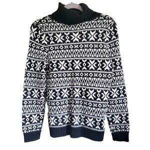 Lands‎ End S Women's Fair Isle Snowflake Turtleneck Black White Heavy NEW